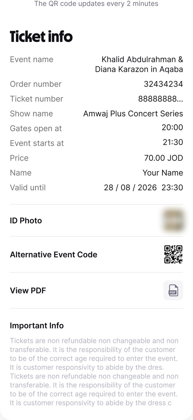 Ticket information screen in the Platinumlist app